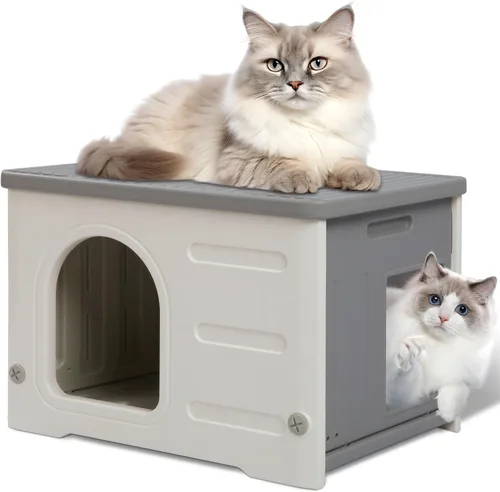 Casa de plástico para gatos para interiores y exteriores, casa impermeable para gatos con puerta de escape para gatos salvajes exteriores, refugio