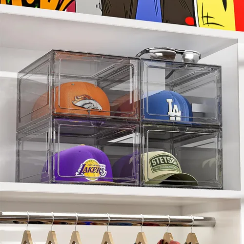 Miniatura 4 de Caja organizadora de sombreros para gorras de béisbol, paquete de 6 estuches de almacenamiento de sombreros de plástico con puerta magnética