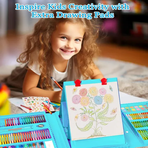 Miniatura 4 de KINSPORY Kit de arte, 290 unidades de arte para manualidades, kit de colorear, caballete triple de doble cara, pasteles al óleo, crayones y lápices