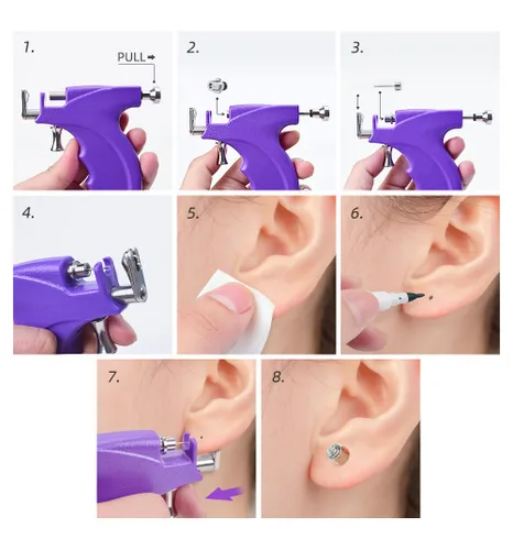 Miniatura 5 de Kit profesional de pistola para perforación de orejas reutilizable para perforación de nariz, labio y cuerpo con 16 pares de aretes hipoalergénicos
