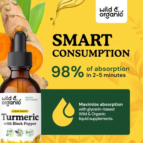 Miniatura 4 de Wild & Organic Suplemento líquido de cúrcuma – Soporte para articulaciones – Curcumina de cúrcuma con extracto de pimienta negra – Gotas de raíz