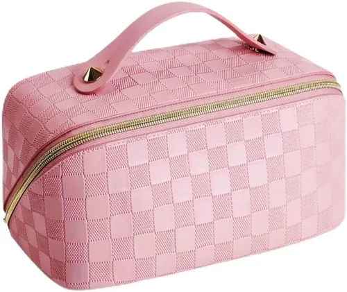 Miniatura 24 de Bolsas de maquillaje a cuadros de gran capacidad, bolsas de cosméticos portátiles de viaje, bolsa de aseo abierta y plana para mujeres y niñas