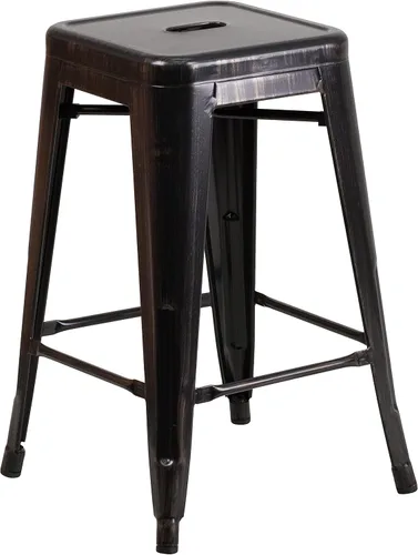 Miniatura 29 de Taburete de 24 pulgadas de alto para interior y exterior con asiento cuadrado., Metal, Negro