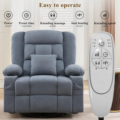 Miniatura 8 de Sillón reclinable de gran tamaño con masaje y calefacción lumbar, reclinable giratorio con control remoto, sofá individual para adultos, personas