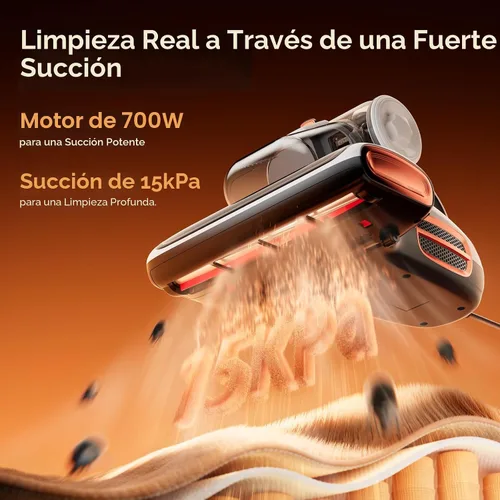 Miniatura 2 de JIGOO T600 Aspiradora de colchón con luz UV-C, succión de 15 kPa, 700 W de potencia, aspirador de mano de doble copa, limpiador de cama con sensor