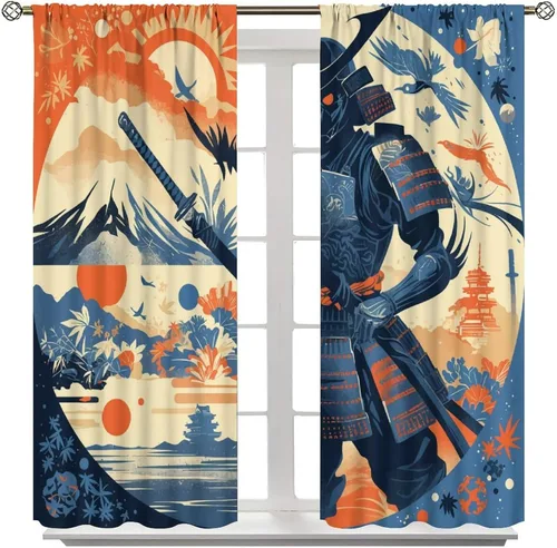 Miniatura 8 de Asian Japanese Samurai Blackout Curtains, Watercolor Floral Sun Mountain Art Style Window Drapes, for Kid Teens Boys Man Living Room Bedroom 42" W X