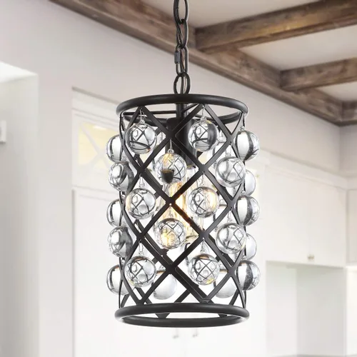 Miniatura 2 de JONATHAN Y Lámpara colgante de bronce aceitado de 8 pulgadas, 1 luz de hierro y tambor de cristal, lámpara de techo moderna para isla de cocina
