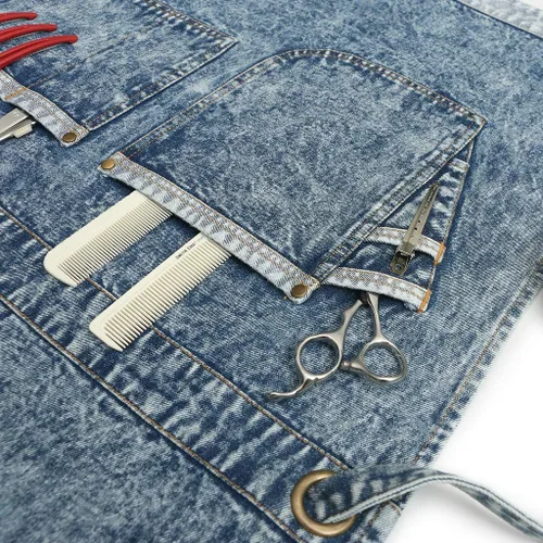 Miniatura 6 de Jeanerlor - Delantales de trabajo de mezclilla con bolsillos para mujeres y hombres, correas cruzadas y ajustables de S a XXXL, Azul mezclilla Azul