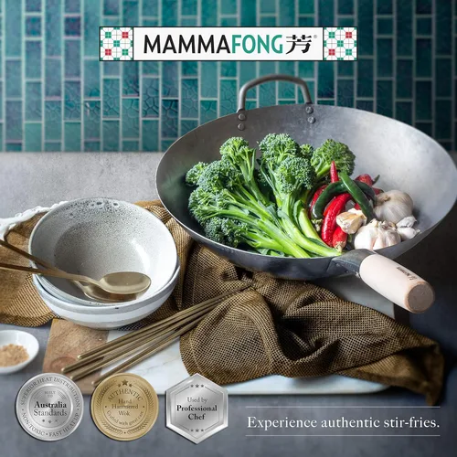 Miniatura 6 de Sartén wok de acero al carbono de fondo plano, auténticos woks martillados a mano y sartenes para freír - Wok Pow Wok de 14 pulgadas