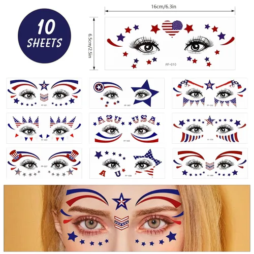 Miniatura 2 de HOWAF Calcomanías de tatuaje facial del 4 de julio, 10 calcomanías de maquillaje facial del Día de la Independencia de Estados Unidos, tatuajes