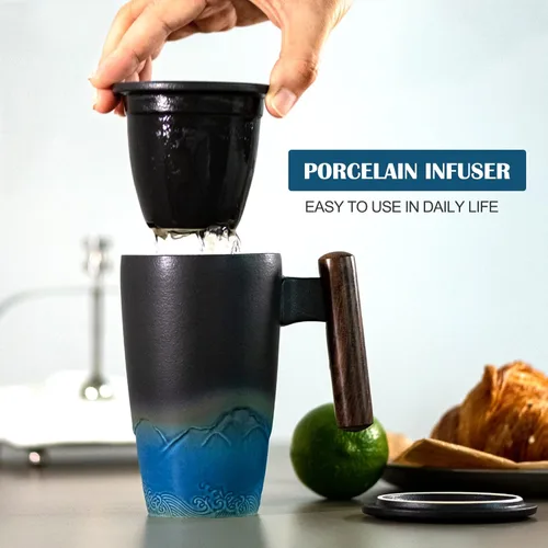 Miniatura 2 de suyika Tomotime - Taza de té de cerámica con infusor y tapa, asa de madera, 13.5 onzas (400 ml) Negra cian 01-negro y azul