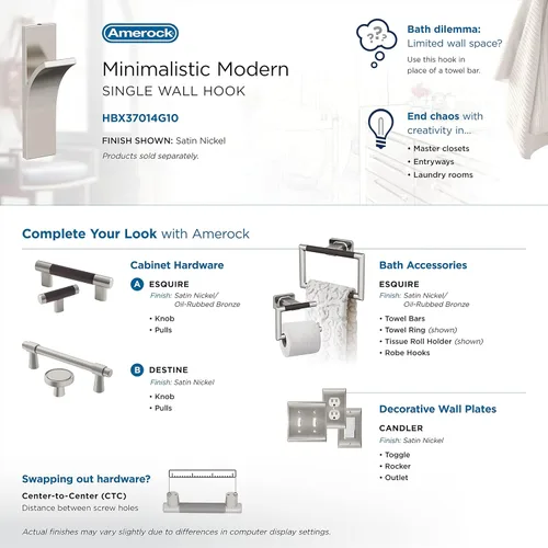 Miniatura 6 de Amerock HBX37014G10 - Gancho decorativo de pared Apex de una sola punta, gancho de níquel satinado para abrigos, sombreros, mochilas, bolsos