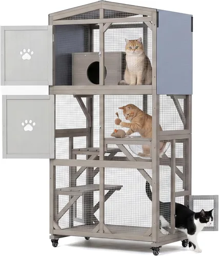 Miniatura 8 de Gowoodhut Catio grandes recintos para exteriores – Casa de madera para gatos resistente a la intemperie con múltiples plataformas y techo resistente