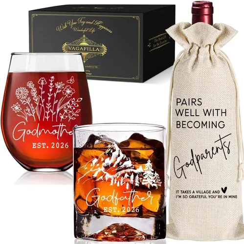 Est 2026 - Juego de regalo de whisky de montaña y copa de vino de 15 onzas, anuncio de embarazo, Día de la Madre y del Padre, regalos de San
