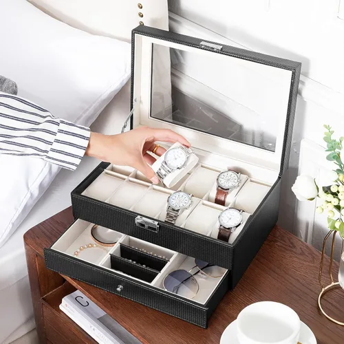 Miniatura 4 de Oyydecor Caja de reloj con 12 ranuras para relojes, organizador de joyas con cajón de joyas para almacenamiento y exhibición con cerradura (beige)