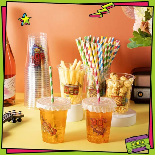 Miniatura 4 de FoldTier 50 tazas de plástico desechables de los años 80 de 12 onzas G Back to 80s tazas gruesas temáticas de los años 80 tapas para tazas
