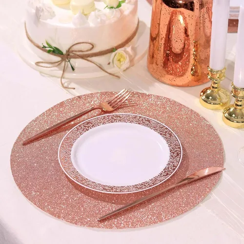 Miniatura 6 de Efavormart - Juego de 6 manteles individuales antideslizantes de piel sintética con purpurina, color rosa y dorado rosa para bodas, banquetes