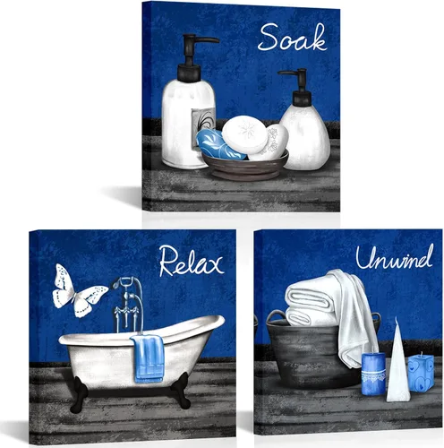 RnnJoile Arte de Pared Azul para Baño Decoración de Baño Arte de Pared Bañera Spa Cuadros de Lona Impresiones Pintura para Relajarse Remojarse