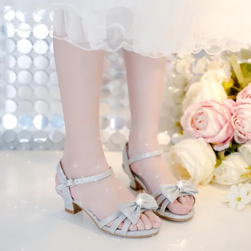 Miniatura 2 de Sandalias para niñas, zapatos de vestir para fiesta de boda, puntera abierta, tacones altos con purpurina para niños pequeños y grandes