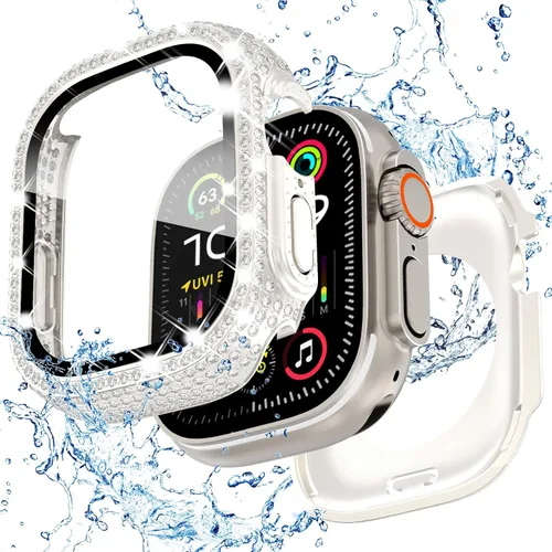 Miniatura 14 de Funda delantera y trasera, 2 en 1, brillante, impermeable, 360°, de policarbonato y protector de pantalla de vidrio para iWatch 8 y 7 de 41 mm, Negro