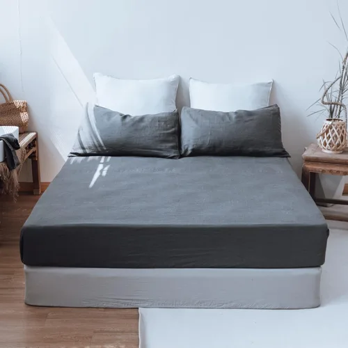 Miniatura 7 de Sábana bajera de 100 % lino lavado a la piedra, color sólido – (1 pieza) funda de colchón de 14 pulgadas de profundidad suave, natural y Gris Oscuro