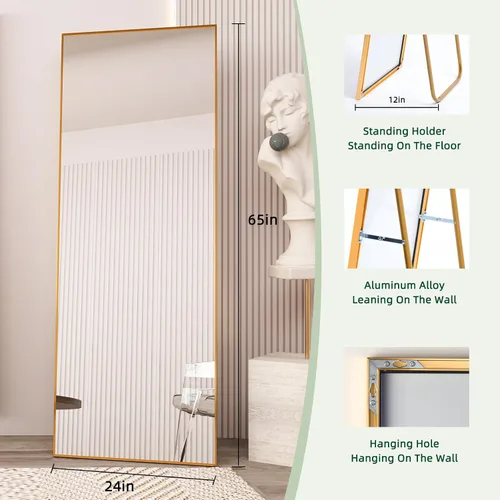 Miniatura 2 de Beauty4U Espejo de longitud completa de 65" x 24" con soporte, espejo de cuerpo completo para montaje en pared dorado, espejo de metal templado