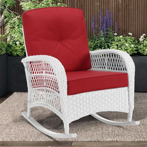 Miniatura 17 de MEETWARM Mecedora de mimbre para exteriores, sillas mecedoras de ratán para patio con cojines y respaldo alto, silla de mimbre para patio para todo