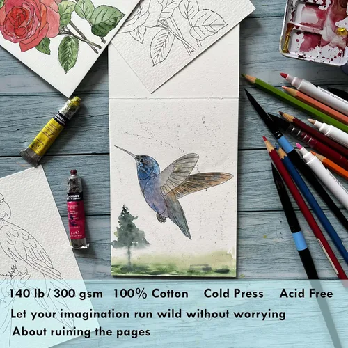 Miniatura 3 de tumuarta Libro para colorear de acuarela, 20 diseños únicos, 5 x 7 pulgadas, 100% algodón, 300 GSM, 140 libras, prensa en frío, papel de acuarela