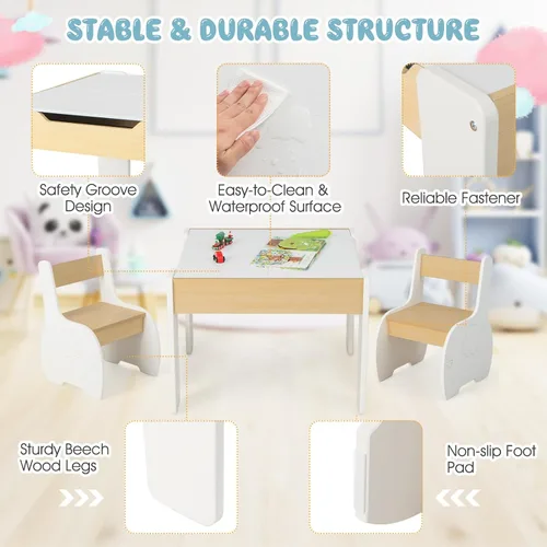 Miniatura 5 de INFANS Juego de mesa y silla para niños 3 en 1, mesa multiactividad de madera con almacenamiento removible en la parte superior, pizarra desmontable