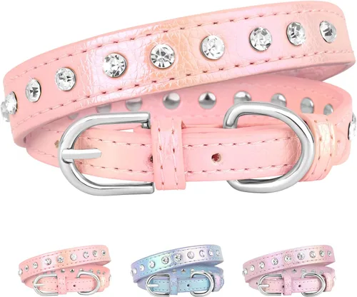 Miniatura 7 de Collar para perros Beirui con diamantes de imitación y tachonado de brillos, de cuero de poliuretano, para perros pequeños, medianos y gatos, lindo