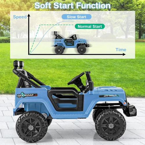 Miniatura 3 de Costzon Camión para niños de 12 V, vehículo eléctrico con control remoto, ruedas roscadas, 3 velocidades, luces LED, música, bocina y conexión Azul