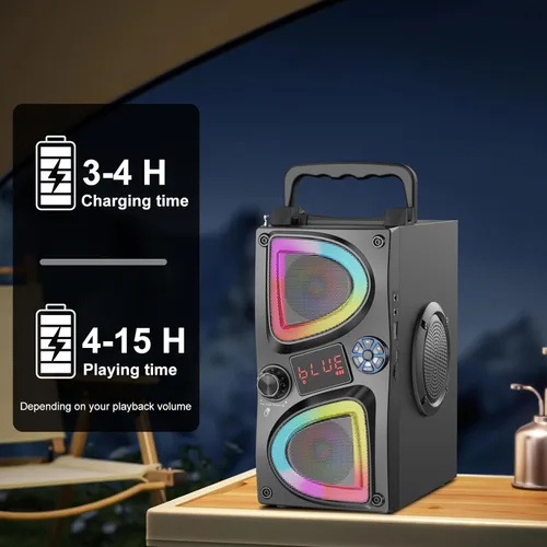 Miniatura 8 de Altavoz Bluetooth, 60W (Pico) Altavoces Inalámbricos Portátiles Pequeños para Fiestas en Casa con Doble Subwoofer de Graves Profundos, Radio, Luces