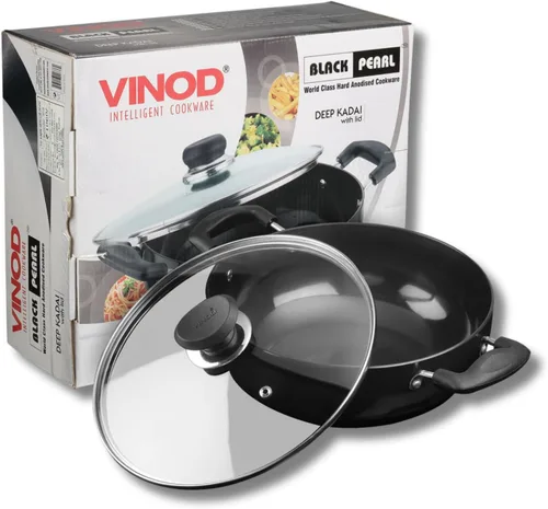 Miniatura 8 de Vinod Utensilios de cocina profesional Deep Kadhai – 2.1 litros (2.2 cuartos) – 20cm (7.9 in) – Tapa de vidrio incluida – Wok/olla anodizado duro