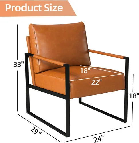 Miniatura 2 de INZOY Silla decorativa de cuero con marco de metal, cómoda silla de sala de estar con respaldo y cojín, silla moderna de mediados de siglo con Marrón