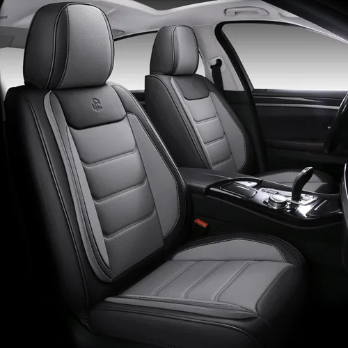 Miniatura 9 de Juego completo de fundas de asiento de automóvil de piel sintética de cobertura completa, fundas de asiento para automóviles, SUV, camionetas, Negro
