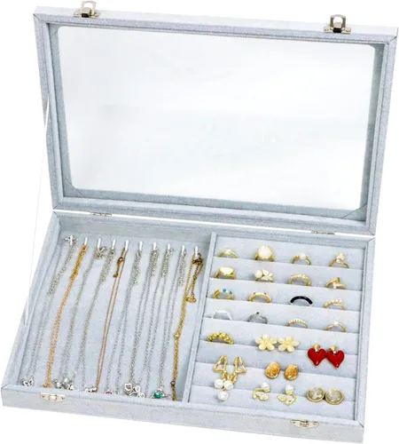 Togous Organizador de anillos de collar de terciopelo con tapa transparente, soporte para collar 2 en 1 y vitrina de anillo, bandeja organizadora de