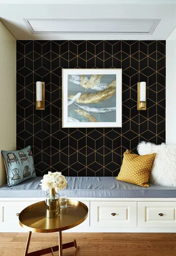 Miniatura 6 de Safiyya Papel tapiz geométrico dorado y negro de 118" x 17.3" Papel de contacto geométrico despegar y pegar Papel tapiz removible autoadhesivo