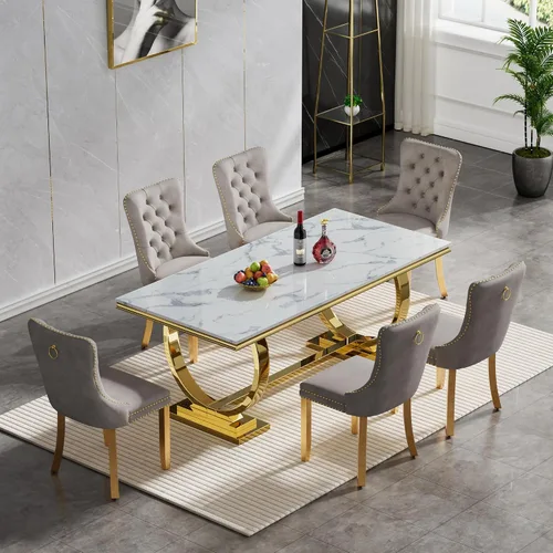 Miniatura 24 de Juego de mesa de comedor de mármol de 5 piezas para 4, mesa de cocina de lujo de 68 pulgadas de mármol negro dorado con 4 sillas tapizadas