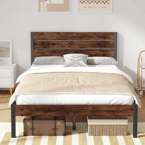 Miniatura 6 de Fluest Base de cama Queen con cabecero y estribo, con almacenamiento debajo de la cama, sistema de soporte totalmente metálico, no necesita somier