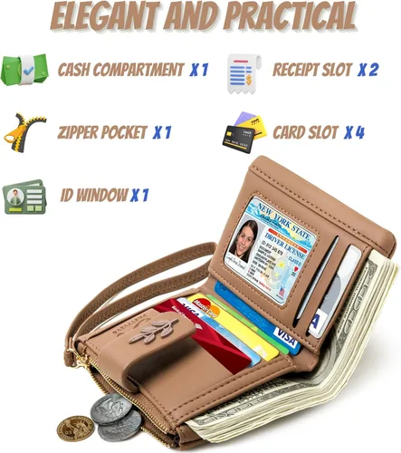 Miniatura 3 de Cartera pequeña y compacta de piel sintética para mujer, con bloqueo Rfid, con bolsillo, con correa para muñeca, color negro, Café