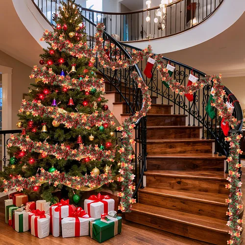 Miniatura 4 de Guirnalda de oropel de Navidad de 50 pies con adorno de hombre de jengibre, guirnalda metálica brillante roja y verde para árbol de Navidad, hogar