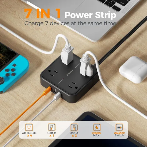 Miniatura 4 de TESSAN – Cable de extensión plano con protector de sobretensión de 10 pies, regleta de alimentación de enchufe plano con 4 salidas y 3 puertos USB