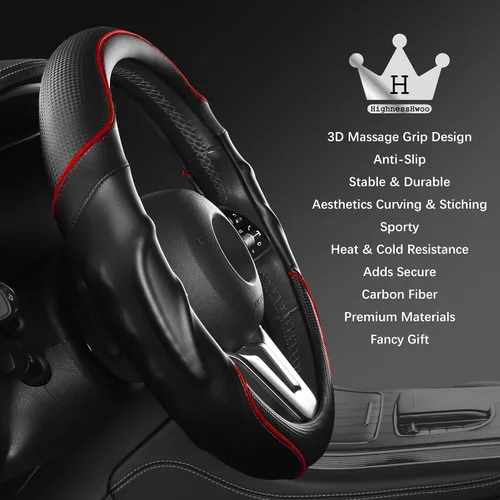 Miniatura 4 de HighnessHwoo Funda 3D para volante de automóvil, agarre cómodo, masaje deportivo, antideslizante, de fibra de carbono, piel sintética para sedán