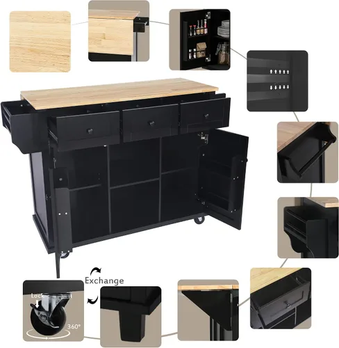 Miniatura 5 de Isla de cocina con encimera de hojas caídas, estantes de almacenamiento interno, carrito de cocina rodante con 5 ruedas con estantes abiertos y 3