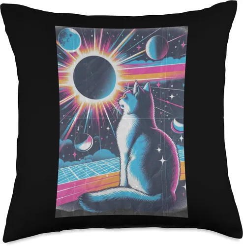 Miniatura 4 de Cat Solar Eclipse - Synthwave Retro Poster Style Throw Pillow