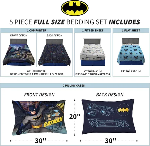 Miniatura 4 de Franco Ropa de cama súper suave para niños, juego de edredón y sábanas, 5 piezas, tamaño completo, Batman