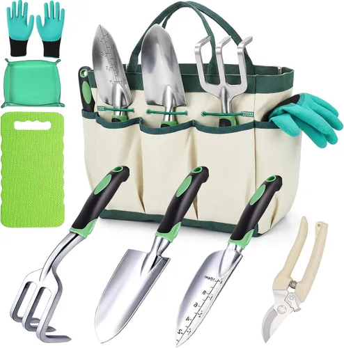 Miniatura 9 de Juego de 8 herramientas de jardinería resistentes con bolsa de mano, herramientas manuales de jardinería de aluminio a prueba de óxido con agarres