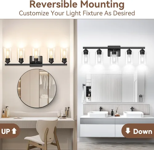 Miniatura 2 de Lámparas de baño de 5 luces negras mate, lámpara de tocador moderna de 31 pulgadas para baño, luces de tocador de baño sobre espejo con pantallas