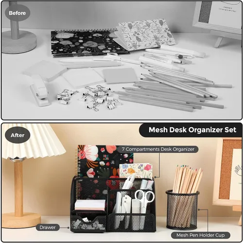 Miniatura 3 de SKYDUE Suministros de oficina negros, organizador de escritorio de malla, grapadora, dispensador de cinta, tijeras, carpeta/clips de papel y 1000