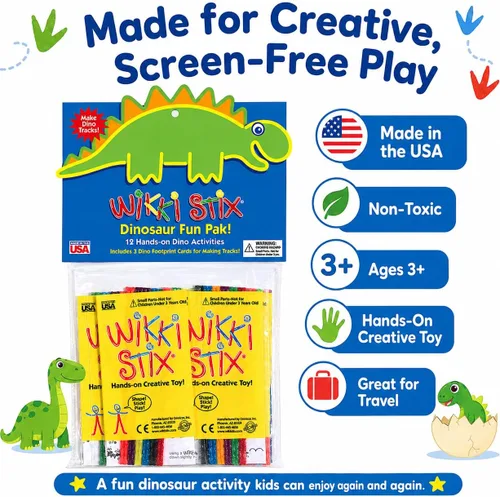 Miniatura 7 de WikkiStix - Recuerdos de fiesta de dinosaurios para niños, 13 paquetes individuales de actividades de dinosaurios con 144 Wikki Stix, tarjetas